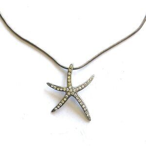 Women Star Fish Rhinestone Pave Pendant Chain Necklace Silver Tone 925 Sterling